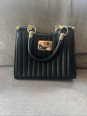 bebe Black Quilted Top-Handle Satchel with Gold Plate